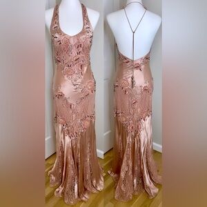 Sue Wong Blush Floral Lace Maxi Dress